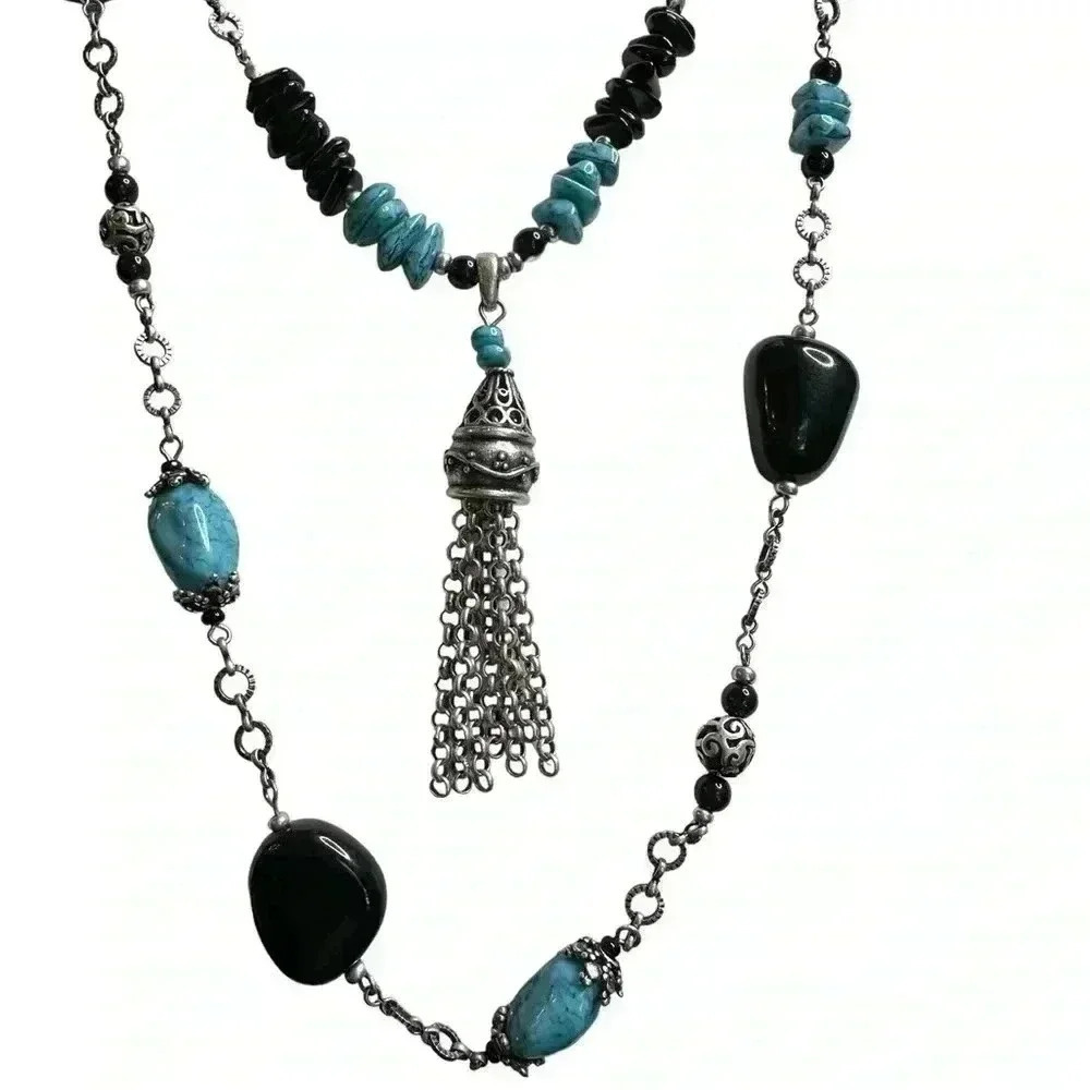 Chicos double layered turquoise and black tassle necklace
